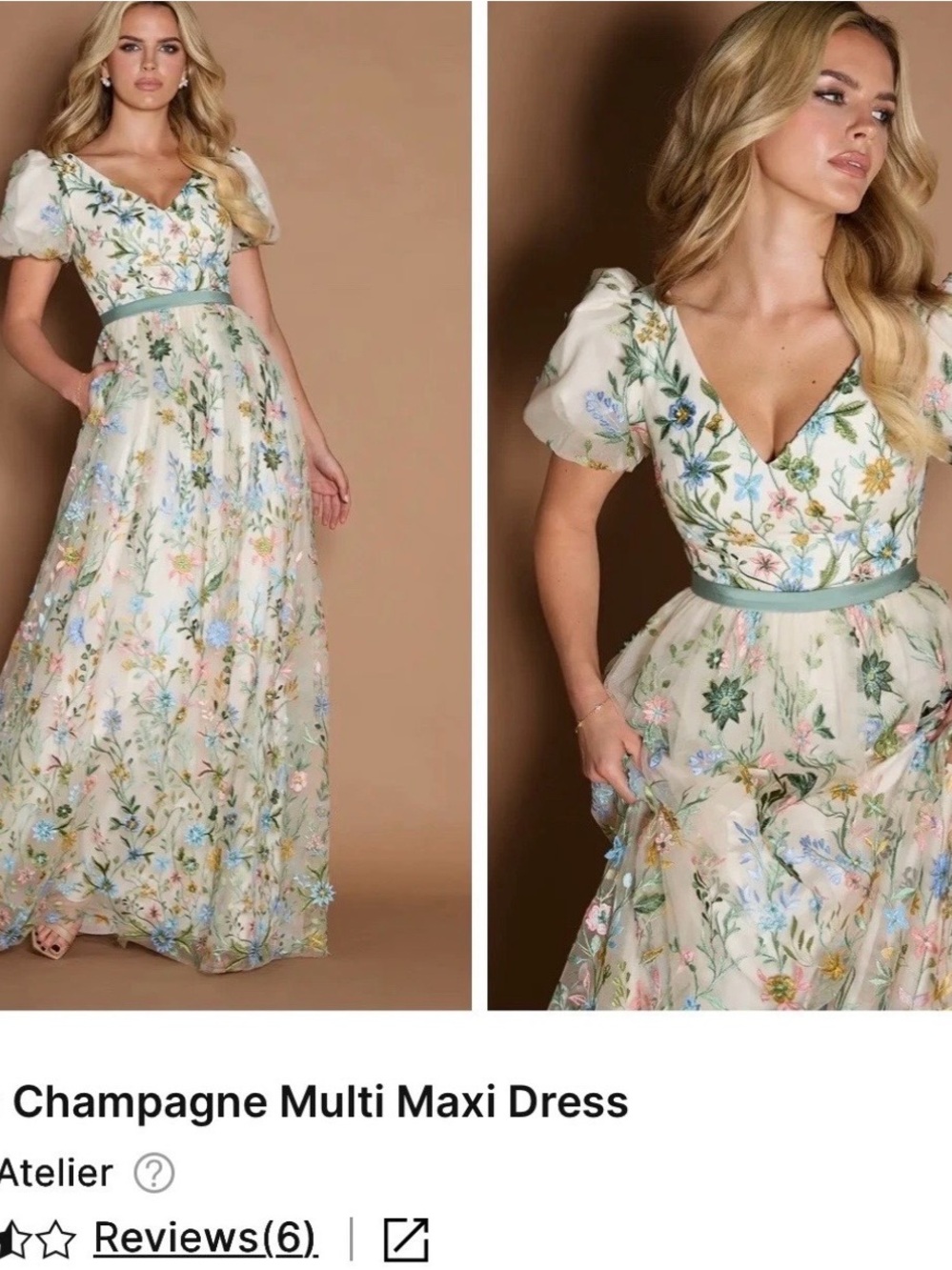 Azazie Champagne Floral Maxi Dress with Green Sash